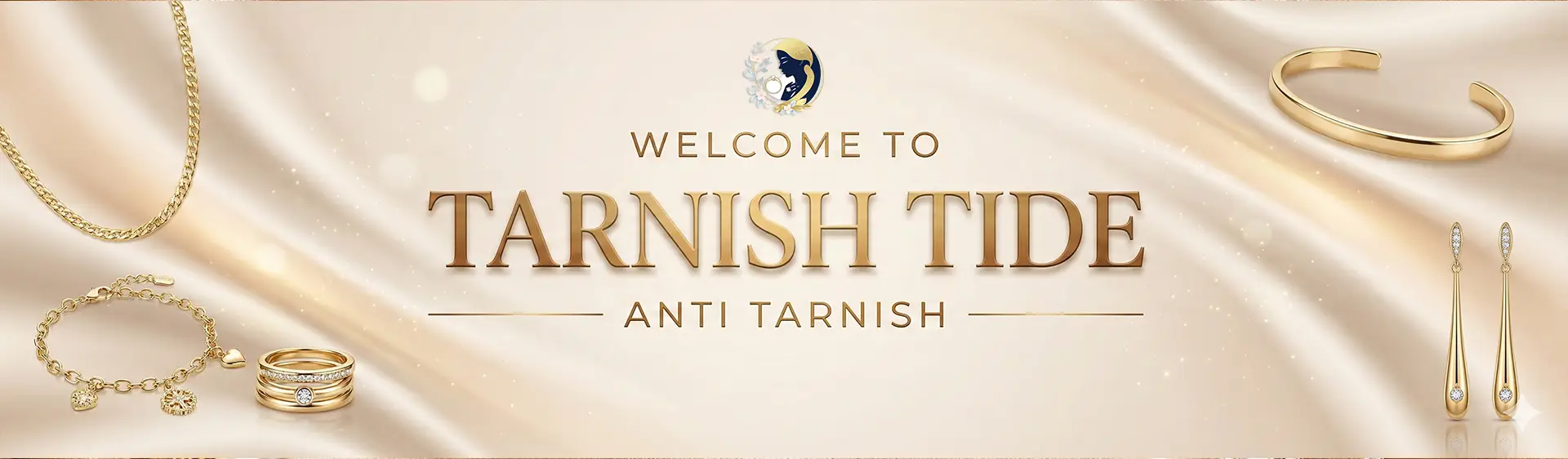 Tarnish Tide anti tarnish jewellery hero banner with gold bracelet chain cuff and earrings