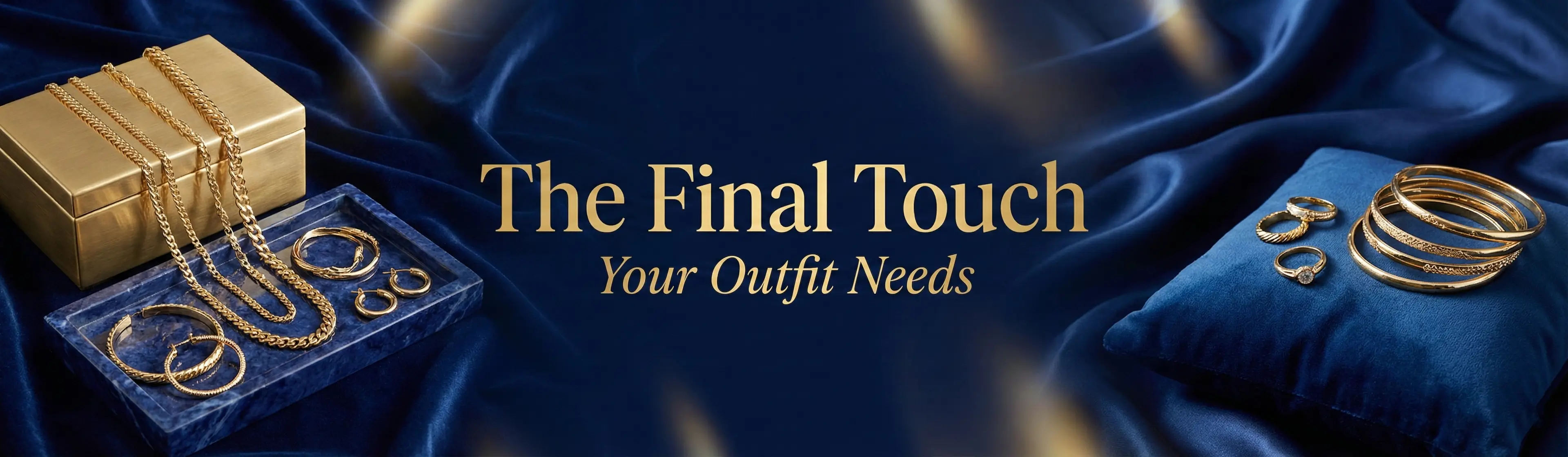 Anti tarnish jewellery flatlay banner with gold chains bracelets earrings and premium gift box