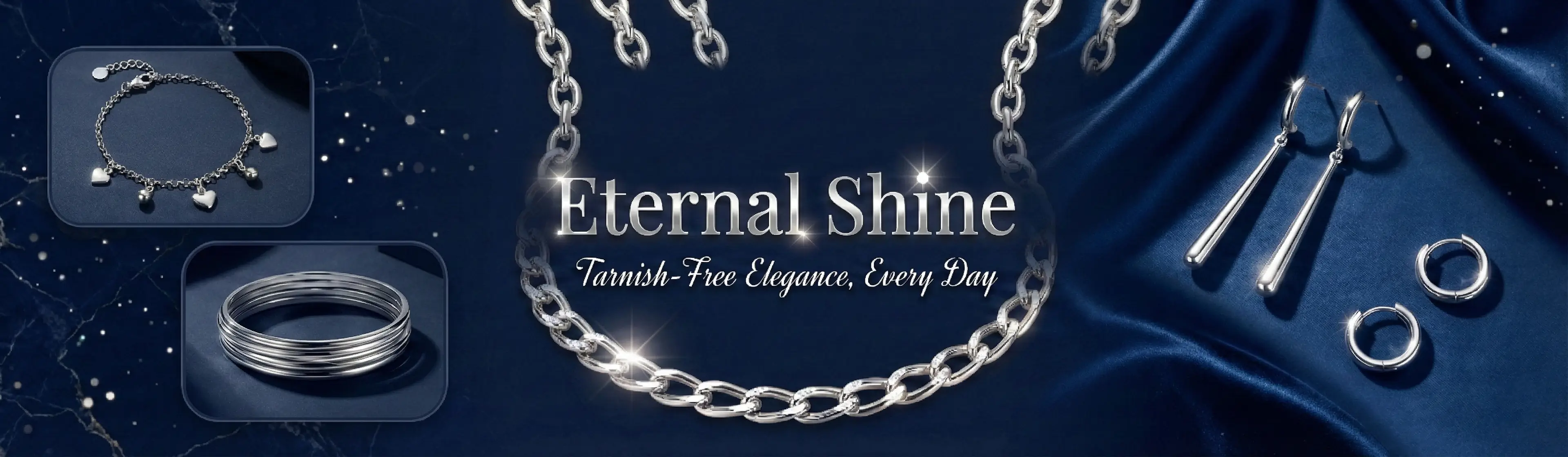 Eternal shine anti tarnish jewellery banner featuring gold chain necklace earrings hoops and bracelet collage