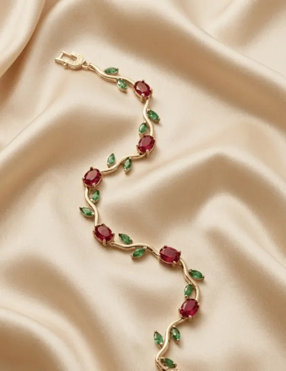 Elegant Tulip Rubic red &amp; Emerald green leaf gold plated bracelet